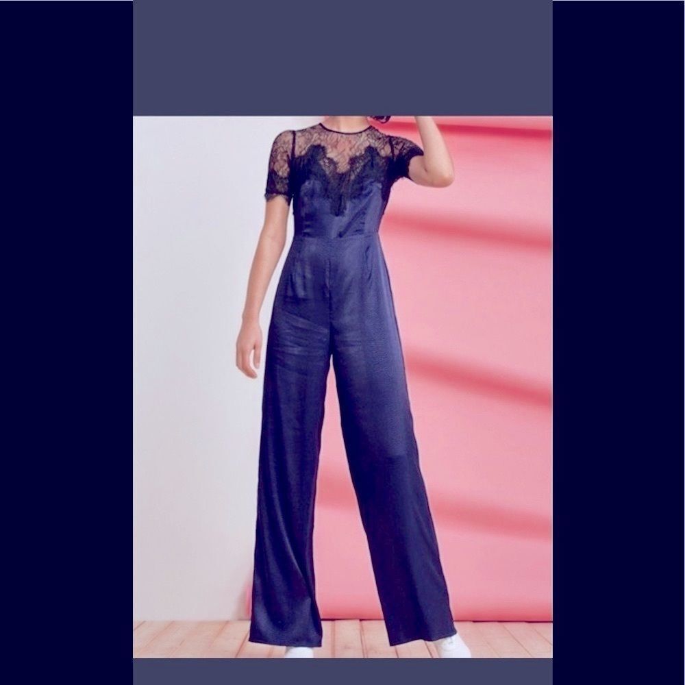 Foxiedox Anthropologie XS Navy Blue and Black Lace Jumpsuit